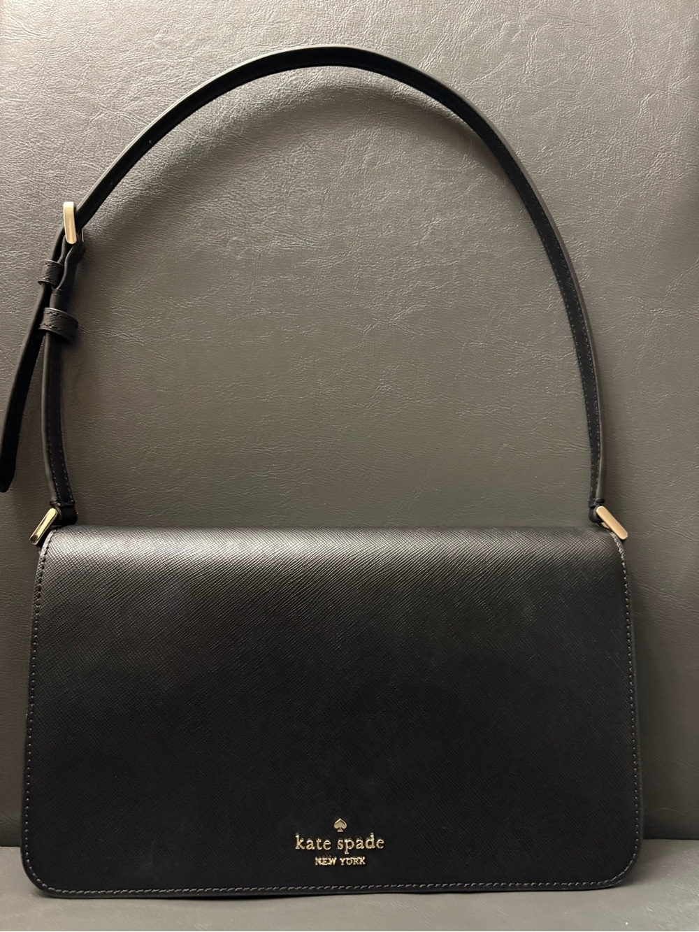 kate spade Black Saffiano Leather Flap Shoulder Bag with Gold Logo